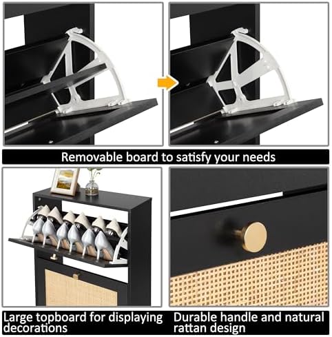 Finnhomy 3 Tier Shoe Cabinet with Natural Rattan Flip Drawers for Entryway, Free Standing Slim Shoe Storage Organizer with Large Top Board, Shoe Cabinet with Adjustable Width Drawers, Black