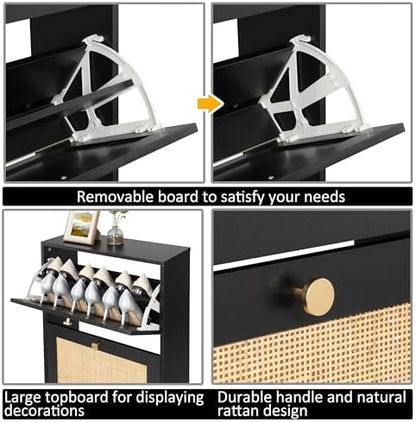 Finnhomy 3 Tier Shoe Cabinet with Natural Rattan Flip Drawers for Entryway, Free Standing Slim Shoe Storage Organizer with Large Top Board, Shoe Cabinet with Adjustable Width Drawers, Black