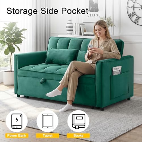 53" Sofa Bed, Velvet 3-in-1 Pull Out Couch & Loveseat Sleeper Sofa, Compact Convertible Folding Couch with Adjustable Backrest for Small Spaces (Green)