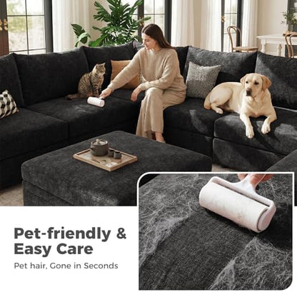 ABCASA Oversized Loveseat Sofa, Modern Modular Sectional Couch Black Fluffy Chenille Mid Century 2-Seat 24.5" Deep Seat for Apartment, Living Room, Bedroom