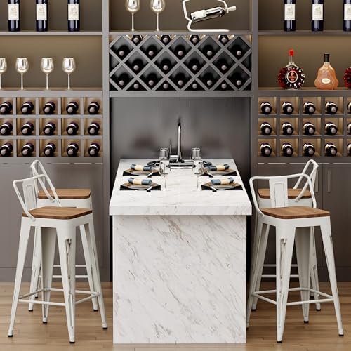 24" Barstools Set of 4 Counter Height Bar Stools Chair-Distressed White