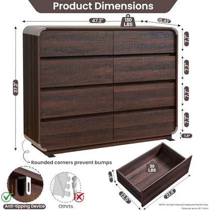 Modern 8 Drawer Dresser, 47- Inch Wood Chest of Drawers with Large Storage, Walnut Dresser Closet for Bedroom, Living Room, Nursery.