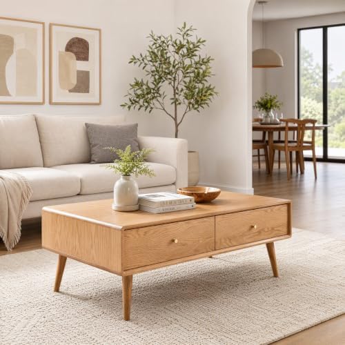 100% Solid Oak Coffee Table for Living Room, Fully Assembled, 47.24'' W
