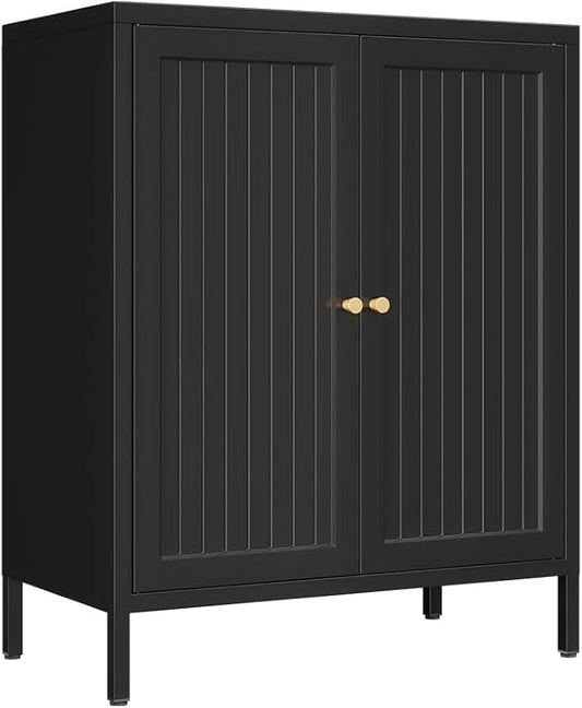 Metal Accent Storage Cabinet for Bedroom, LivingRoom, Office,Kitchen- Metal Locker Cabinet with 1 Adjustable Shelves-Bathroom Floor Storage Cabinet Freestanding Organizer(Stripe Door, Black)