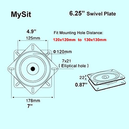 MySit 6.25" Heavy Duty Bar Stool Swivel Plate Replacement, Square Swivel Mechanism for Recliner Chair or Furniture - Ball Bearing Swivel Boat Seat