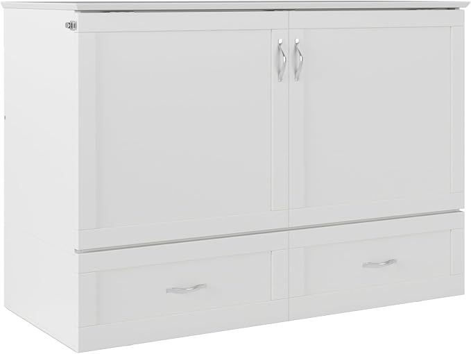 AFI Hamilton Full Murphy Bed Chest with Mattress, Storage, and Built-in Charger in White