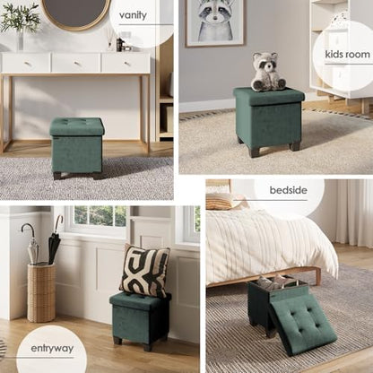 Storage Ottoman Cube with Small Bin, 15-in Square Ottoman with Storage for Living Room and Bedroom, Small Ottomans Foot Rest, Velvet Foot Stools Ottomans Max 330lbs, Green