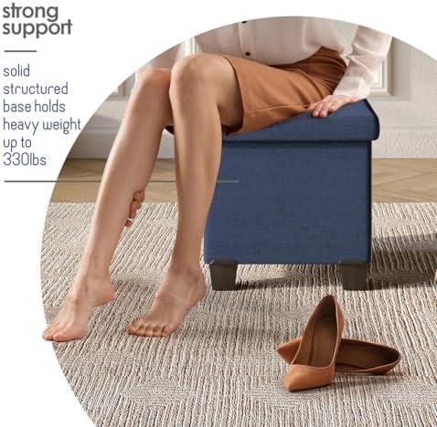 Storage Ottoman Cube with Small Bin, 15-in Square Ottoman with Storage for Living Room and Bedroom, Small Ottomans Foot Rest, Fabric Foot Stools Ottomans Max 330lbs, Blue