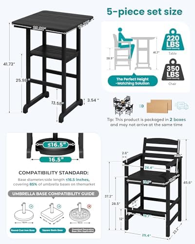 SERWALL 5 Pcs HDPE Bar Height Chairs and Double Layer Pub Table Set, Black