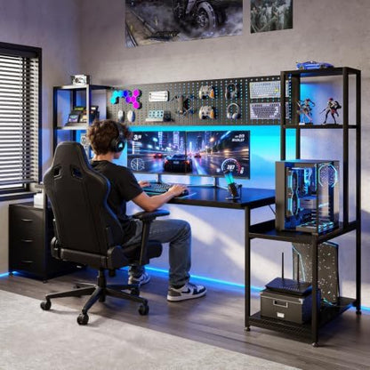 AODK 79 Inch Gaming Desk with Shelves & DIY Pegboard, PC Desk with Drawers