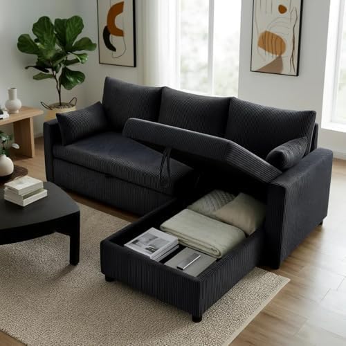 Queen Sleeper Sofa, Convertible Sofa Bed with Storage, 85 Inch Sectional Couch with Pull Out Bed, L Shaped 3 Seat Sectional Sleeper Sofa for Living Room, Apartment, Black