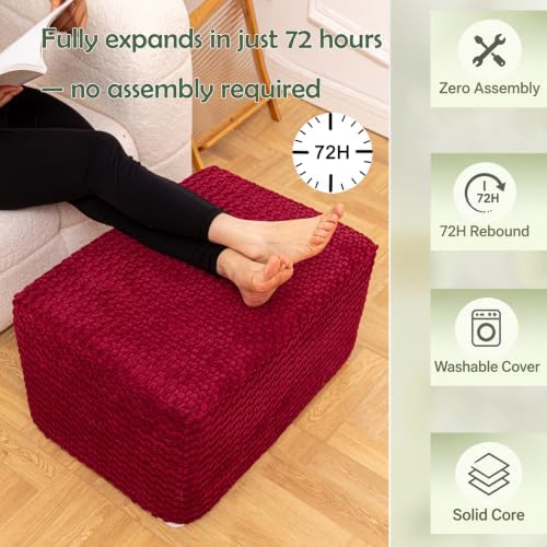 Round Pouf Ottoman Boho Poof Home Decor Floor Pouffe Ottoman Foot Rest for Couch Sofa Bean Bag Chairs Living Room Bedroom (Burgundy, 22x18x14 Inches, Rectangular)