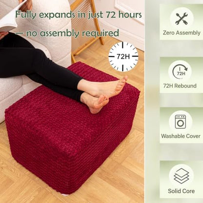 Round Pouf Ottoman Boho Poof Home Decor Floor Pouffe Ottoman Foot Rest for Couch Sofa Bean Bag Chairs Living Room Bedroom (Burgundy, 22x18x14 Inches, Rectangular)