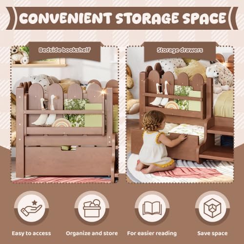Bellemave Twin Size Platform Bed with Storage Drawers & Bookshelf for Boys Girls, Kids Twin Bed Frame with LED Lights & Stairs for Children's Room, Deep Natural