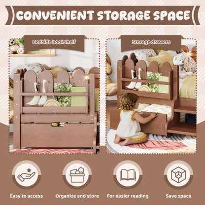 Bellemave Twin Size Platform Bed with Storage Drawers & Bookshelf for Boys Girls, Kids Twin Bed Frame with LED Lights & Stairs for Children's Room, Deep Natural