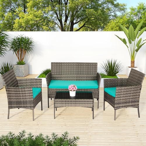 FDW 4-Piece Patio Furniture Set | Gray & Blue | Outdoor Wicker Furniture