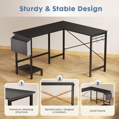 DUMOS L Shaped Computer Desk with PC Stand, Corner Workstation, Black