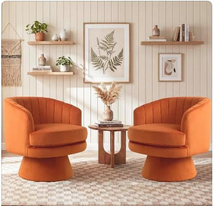 CANMOV Swivel Accent Chair with Armrest Set of 2, Modern 360 Degree Swivel Barrel Chair with Curve Back and Soft Cushion, Comfy Velvet Round Armchair Single Sofa for Living Room, Waiting Room, Orange