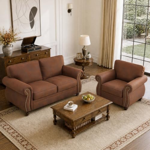 Couchus 2-Piece Sofa Set, 77" Loveseat, 42" Armchair, Caramel Rust