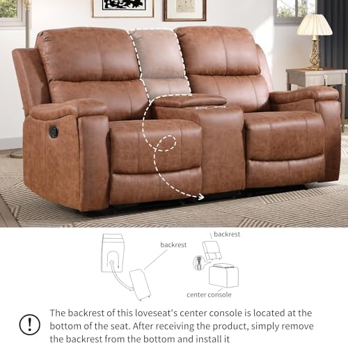 CANMOV Manual Reclining Loveseat with Console,Faux Leather Double Recliner Loveseat Sofa with Hidden Storage and Cup Holders,Manual Recliner Loveseat Couch Set for Living Room,Brown