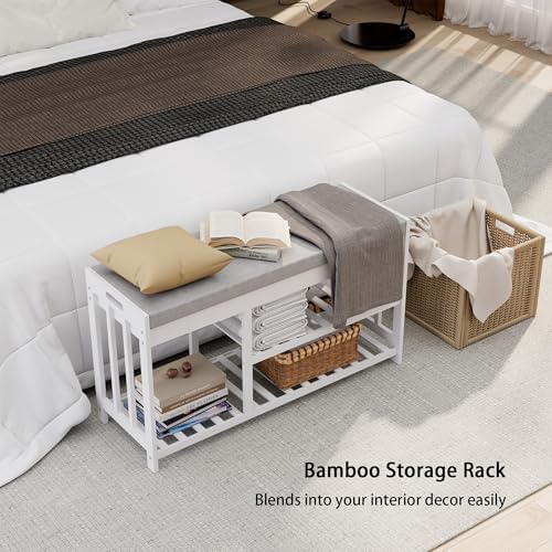 Bamboo Shoe Storage Bench with Cushioned Seat 3-Tier Entryway Shoe Rack
