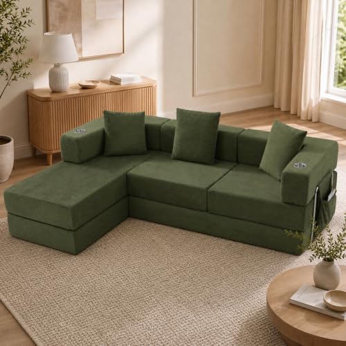 108" Modular Sectional Sofa Bed, L-Shaped Boneless Couch, Green