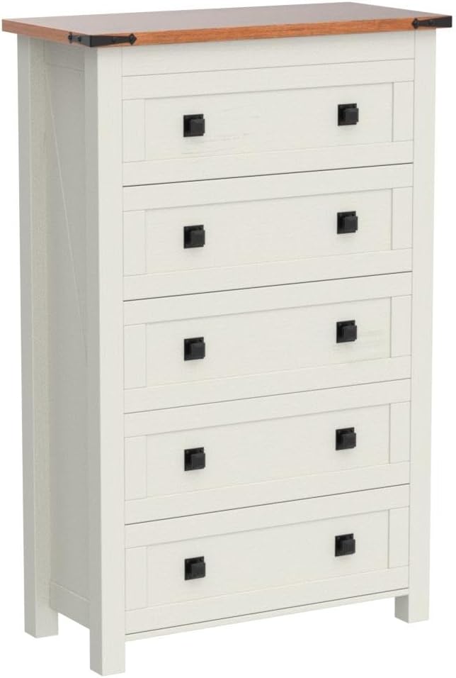 T4TREAM 48" Tall Farmhouse 5-Drawer Dresser for Bedroom, Antique White | Rustic chests of drawers, Wood Storage Cabinet, Metal Handle, Unique Corner Accent, Bedroom, Living Room, Hallway
