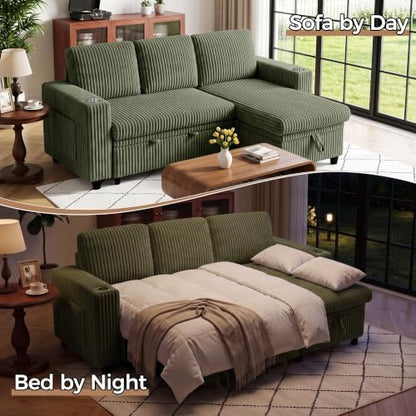 82.5" Pull Out Sleeper Sofa Bed with Storage Chaise, Green