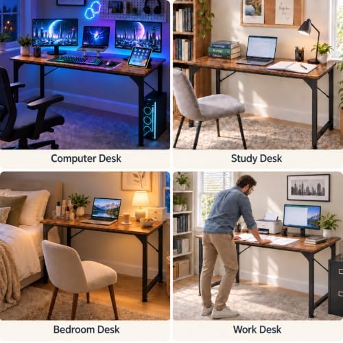 Gaming Computer Desk, 47 Inch Home Office Study Writing Work Desk, Brown