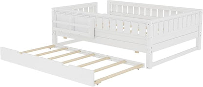 Bellemave Full Size Kids Bed with high Rails and with Built-in Bookshelf and Trundle for Kids, Girls, Boys, Wood Montessori Bed Without Door, White