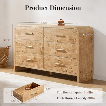 Curved Drawer Dresser for Bedroom with 6 Drawers, 54'' Wide Chest of Drawer