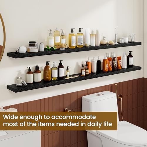 Dreamland 72Inch Floating Shelves for Wall, Rustic Wooden Black Floating Shelves for Living Room, Kitchen, Farmhouse, Deep Wall Mounted Book Shelf, Wood Storage Display Shelf for Home Decor, Set of 2