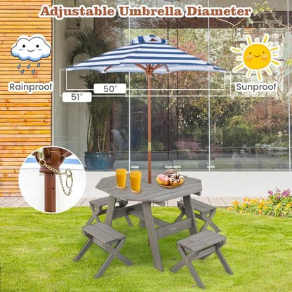 Costzon Kids Picnic Table, Fir Wood Octagon Kids Table and Chair Set with Removable Umbrella, Toddler Activity Table for Backyard, Garden, Patio, Kids Outdoor Furniture for Boys Girls (Grey)