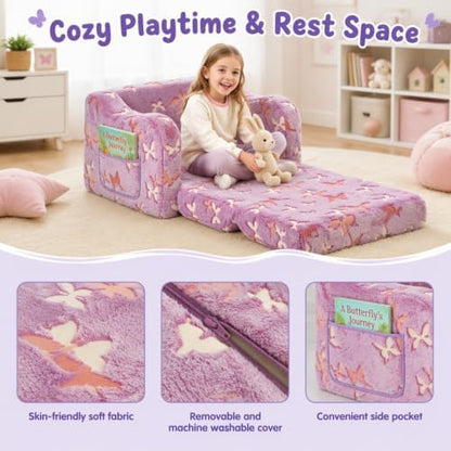 Kids Sofa Chair, 2-in-1 Foldable Couch, Plush, Lavender Purple