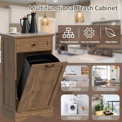 13 Gallons Tilt Out Trash Can Cabinet Freestanding Vintage Oak