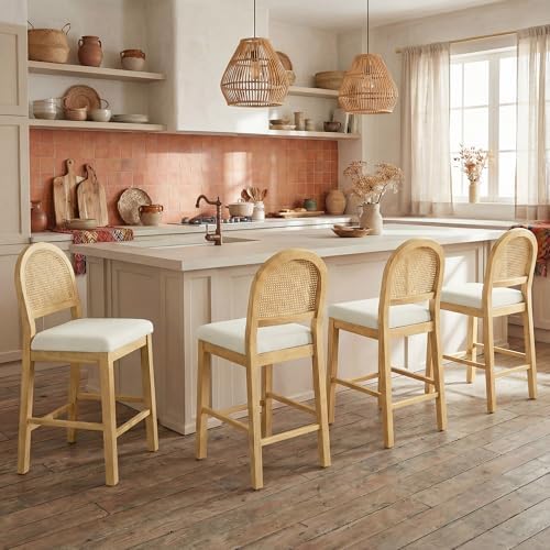 Upholstered Rattan Bar Stools, 26'' Counter Height, Set of 4, Natural