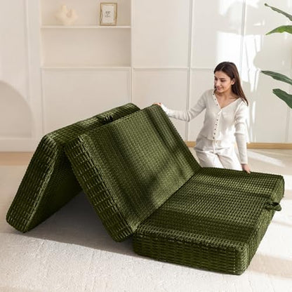 BYBYME Memory Foam Tri-Folding Mattress, 6 Inch Gel Folding Mattress Topper, Foldable Soft Guest Bed Camping Pad, with Washable Cover (Green, Queen)