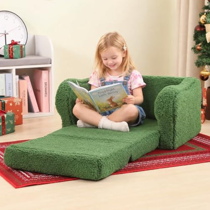 Kids Sofa Chair, 2-in-1 Foldable Couch, Sherpa, Green