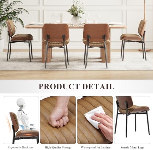 MALOL Leather Dining Chairs Set of 6, Modern Upholstered Dining Room Kitchen Chairs with Metal Legs and Wooden Back Support for Home Dining Room/Restaurant, Light Brown
