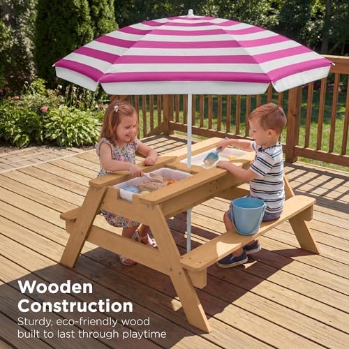 Best Choice Products Kids Picnic Table with Umbrella & Sensory Bins Fuchsia