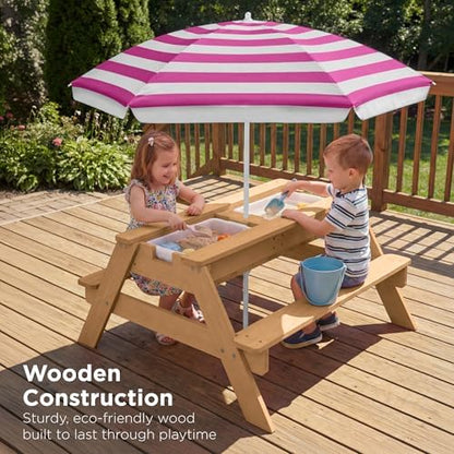Best Choice Products Kids Picnic Table with Umbrella & Sensory Bins Fuchsia