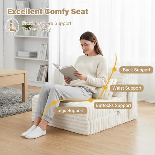 Tiita Folding Sofa Bed Convertible Sleeper Chair Mattress with Pillow & Side Pocket, Thick Corduroy Floor Mattress Couch Bed, Single Size, Beige