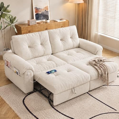 77" Convertible Queen Sofa Bed with USB Port & Side Pockets, White