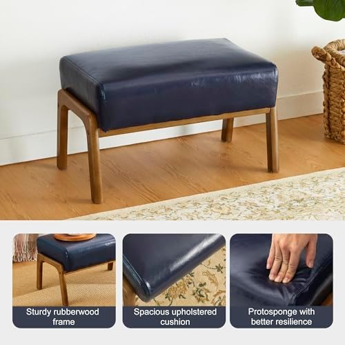 Glitzhome Foot Stool Pack of 2, Leatherette Wooden Step Stool, Modern Rectangle Ottoman Wide Vanity Stool with Cushion for Couch Living Room Bedroom Entryway, Navy Blue