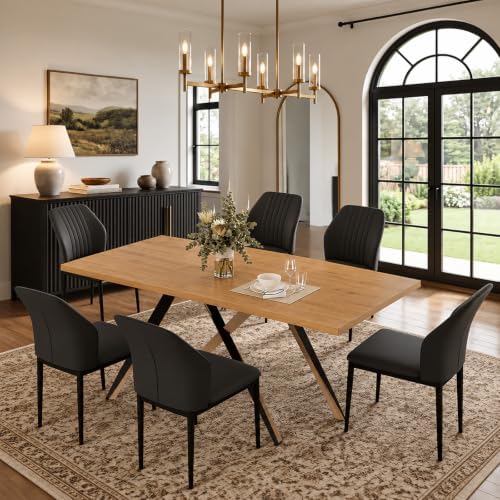 7-Piece Dining Table Set for 6, Oak Table + 6 Black Chairs