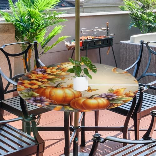 Pumpkin Outdoor Round Fitted Tablecloth with Umbrella Hole Zipper 36-44