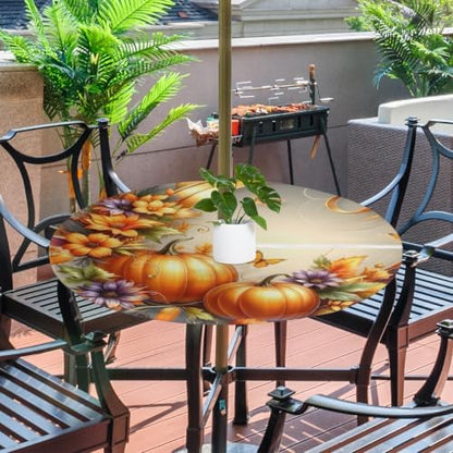 Pumpkin Outdoor Round Fitted Tablecloth with Umbrella Hole Zipper 36-44
