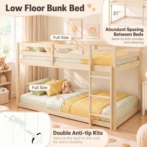 KOMFOTT Low Bunk Bed Full Over Full, Solid Wood Full Bed Frame, Natural