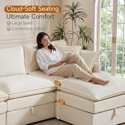 Myroyalsit Modular Sofa with Storage, 135" U Shape Sectional Cloud Couch, Oversized Fabric Couch with Movable Ottoman, 6 Seat Modern Deep Seat Sofa for Living Room (Beige Chenille)