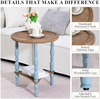 Round Side Table, Farmhouse Blue 2-Tier End Table, 19.7"D x 24"H